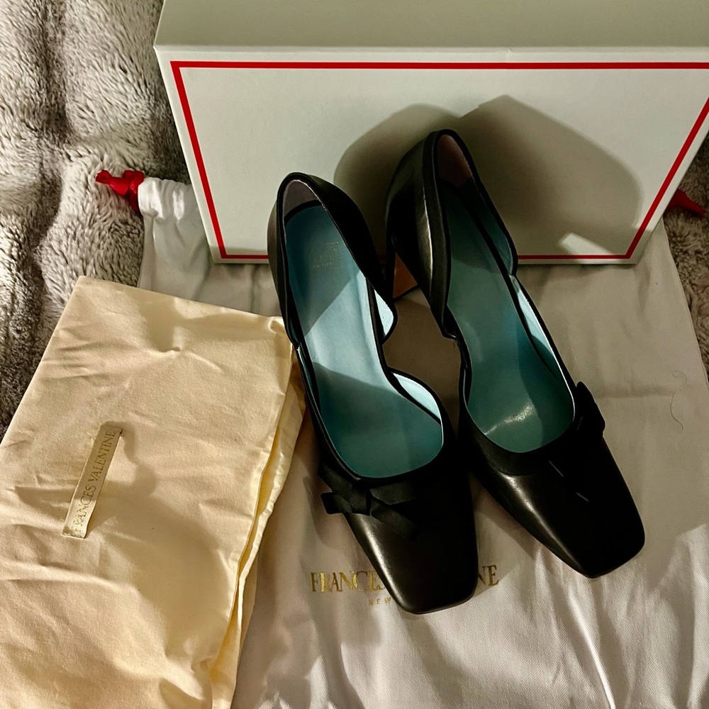 Black Satin-Trimmed Francis Valentine Heels with Dust Bag and Box
